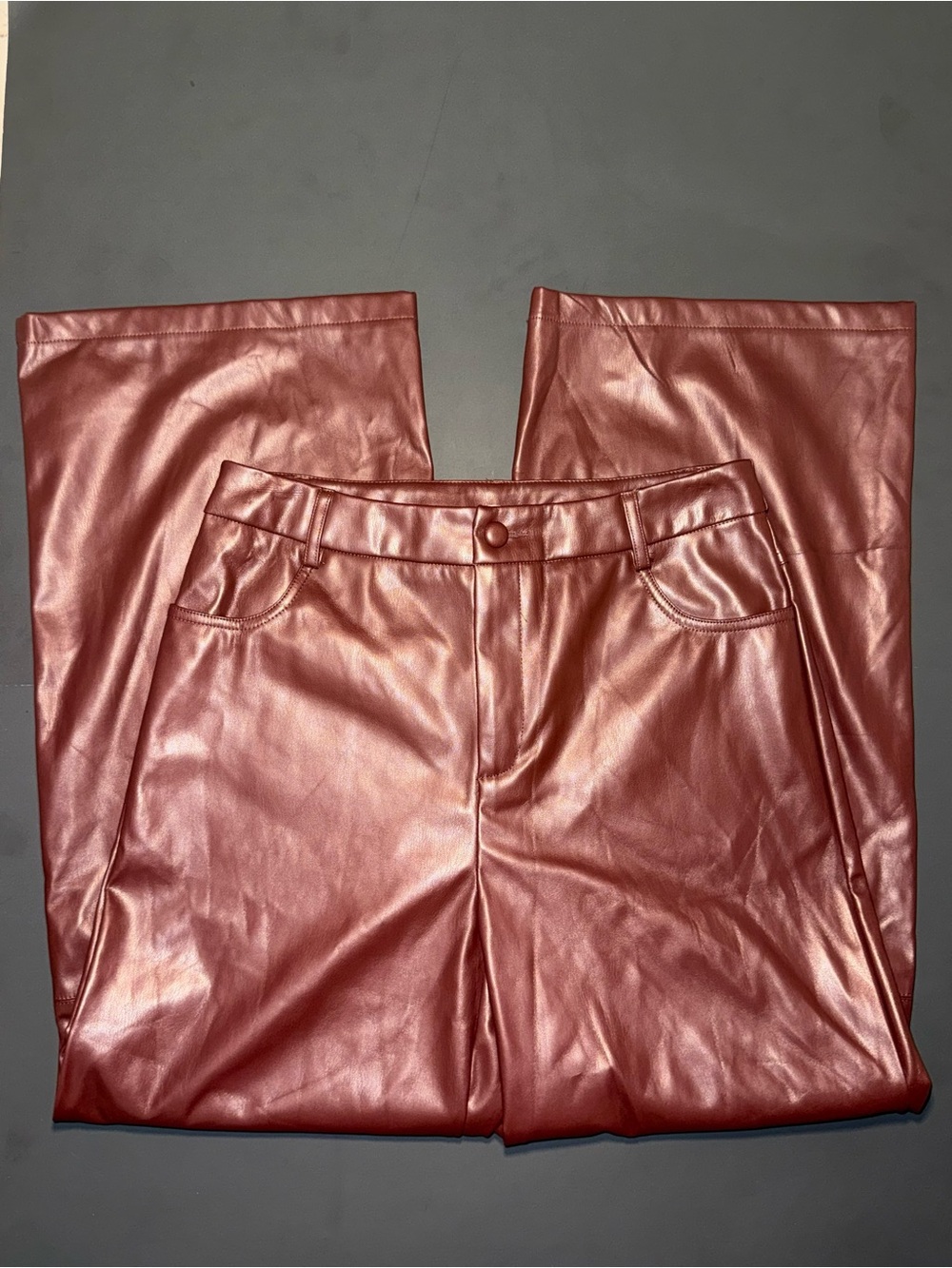Umgee Women’s Burgundy Faux Leather Wide-Leg Jeans